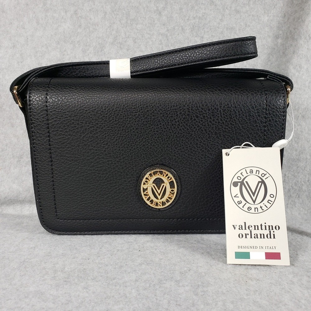 Valentino Orlandi Black Embossed Leather Shoulder Bag Gold Crest Logo Italy‎ NWT